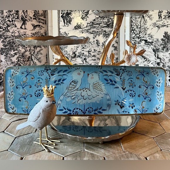 Other - Gorgeous XL Glass, Blue Bird and Gold Leaf Tray